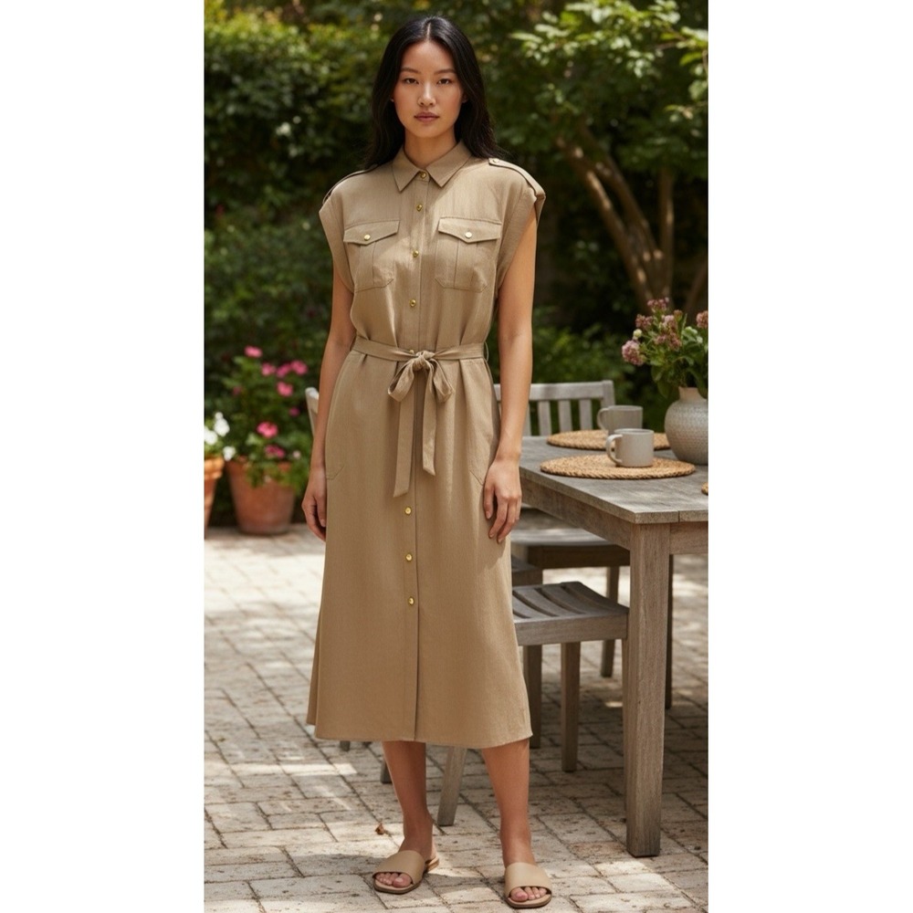 Rag & Bone‎ Roxanne Utility Dress Size XL Khaki Midi Sleeveless Tan